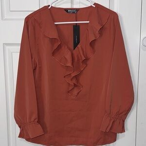 Allegra K Terracotta Ruffle V-Neck Blouse